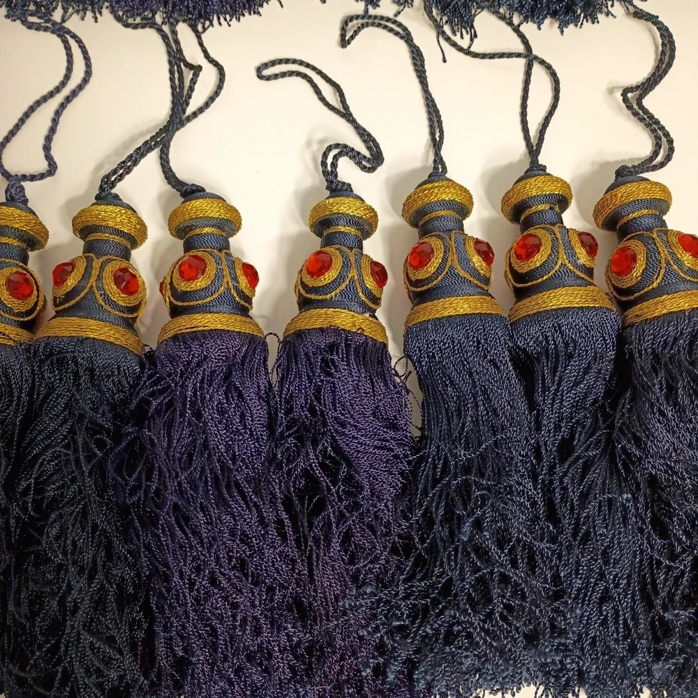 16 Navy Blue Gold Jeweled Tasseled Christmas Ornaments, Curtain Tassels, 7